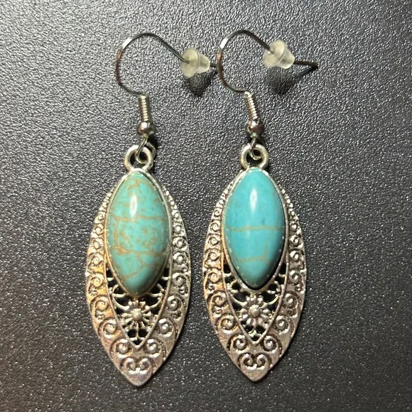 Silver-tone and Faux Turquoise Earrings - Picture 3 of 4